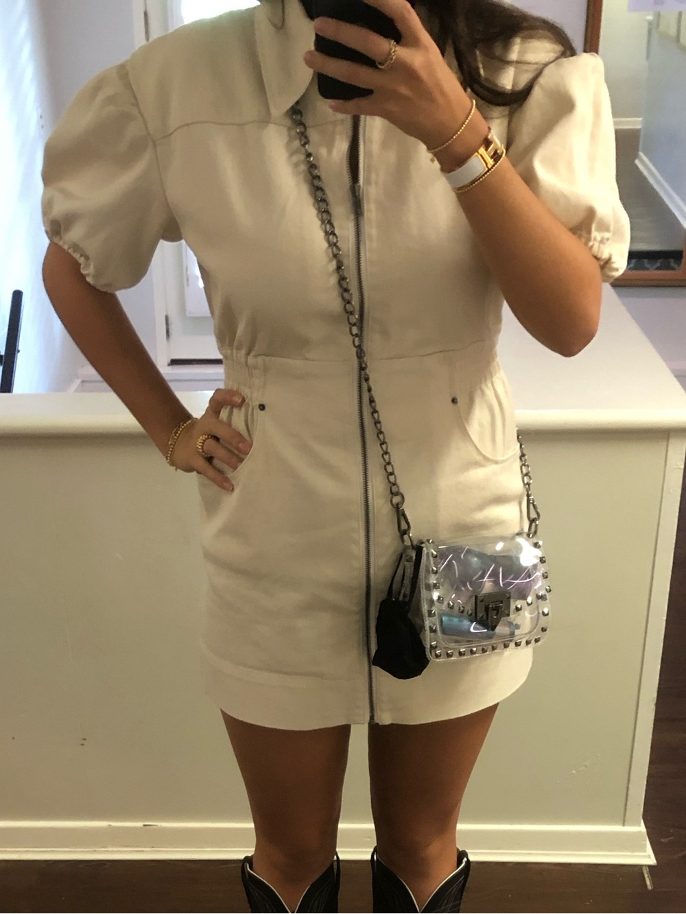 Cream Denim Zip-Front Mini Dress